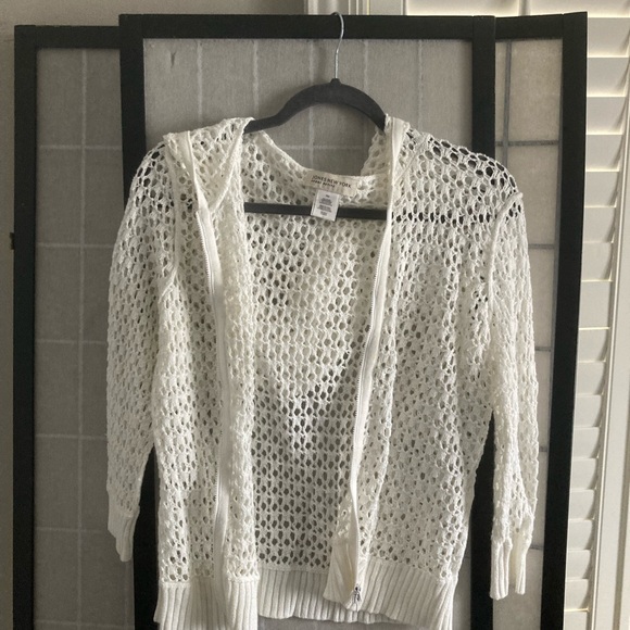 Jones New York Sweaters - Jones New York Open-Weave Cream Hooded Cardigan